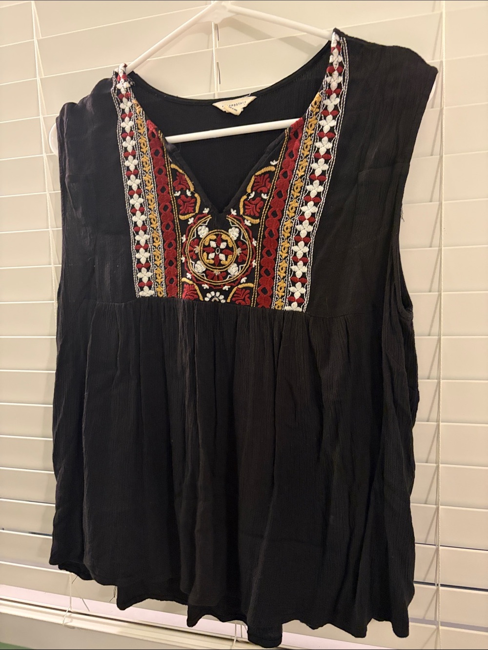 Aeropostale Black Embroidered V-Neck Tank with Red and Gold Accents